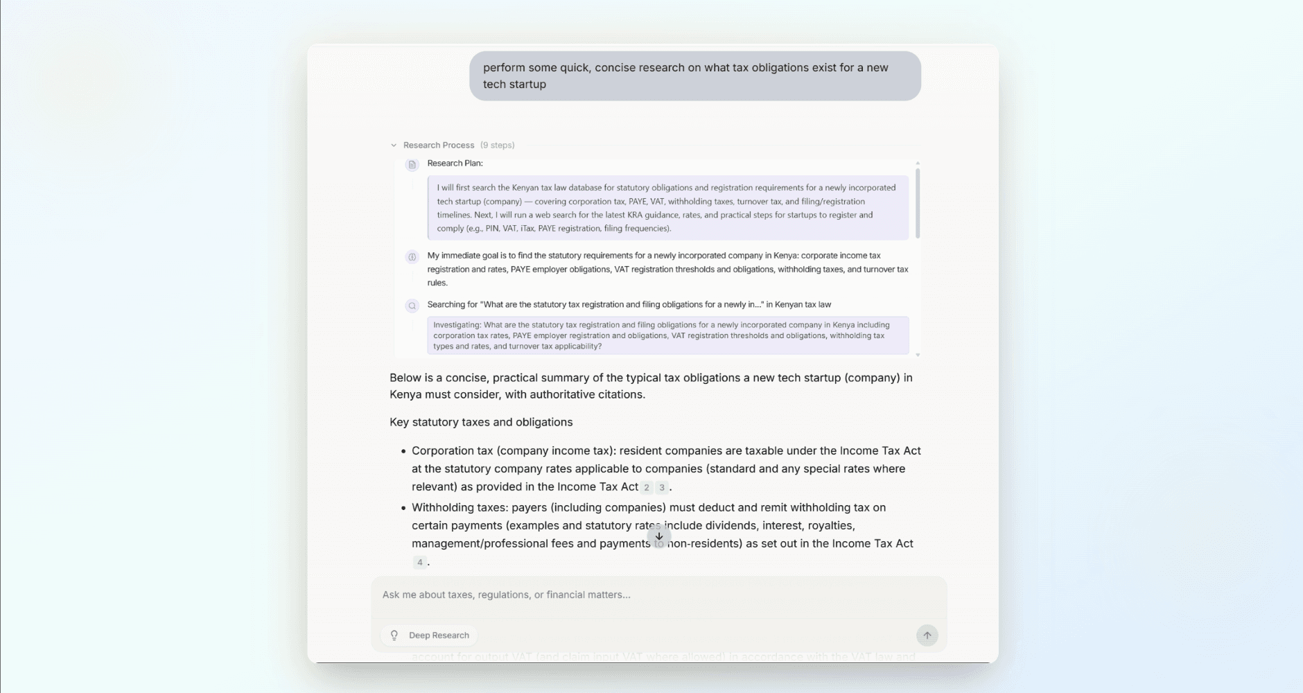 Deep research response screenshot